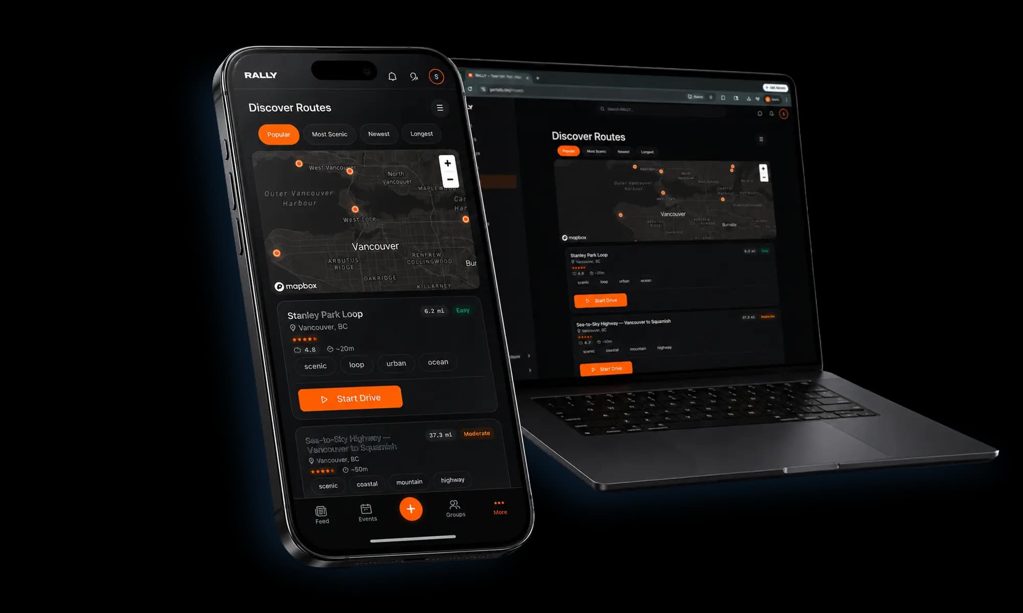 Rally on desktop and mobile — routes + drive recording.