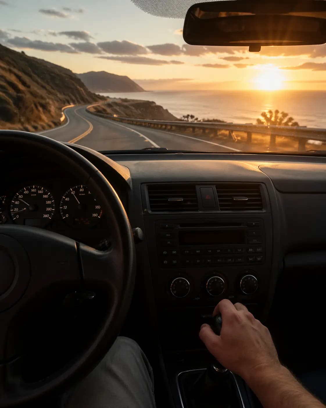 Driver POV — coastal road at sunset.