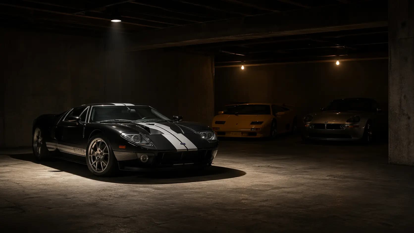 Moody private garage at night.
