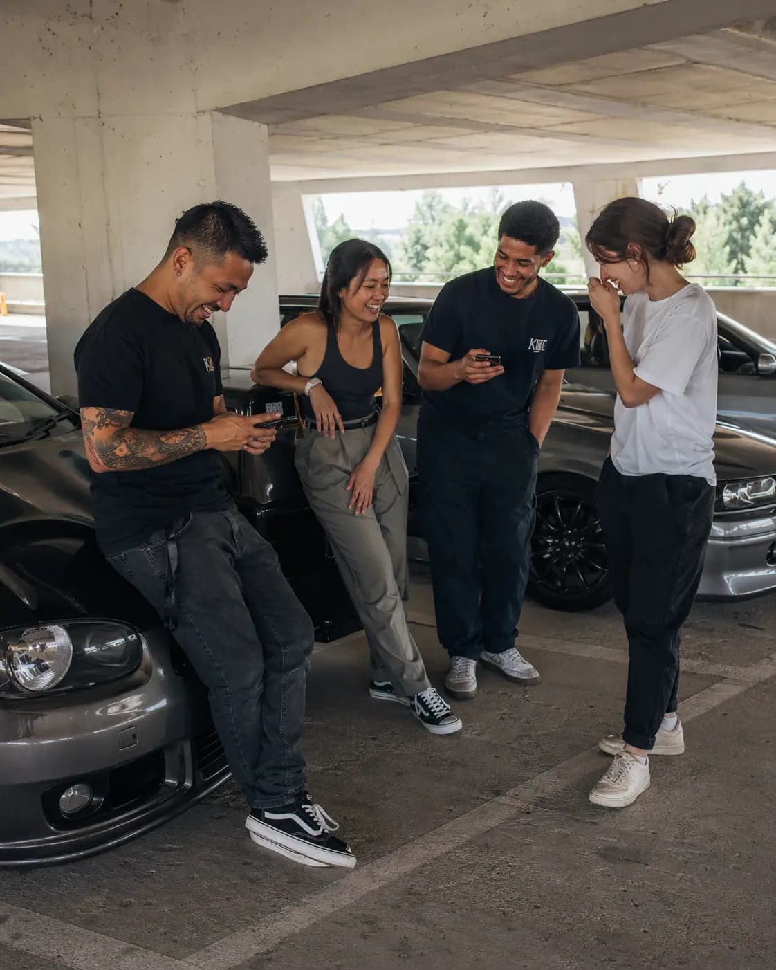 Mixed crew, empty parking structure.